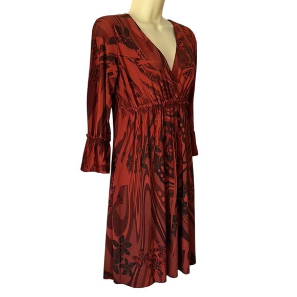 Fave Rust Sublimation Print Slinky Knit Dress Size Medium Mini 3/4 Sleeves Y2K - Picture 2 of 9